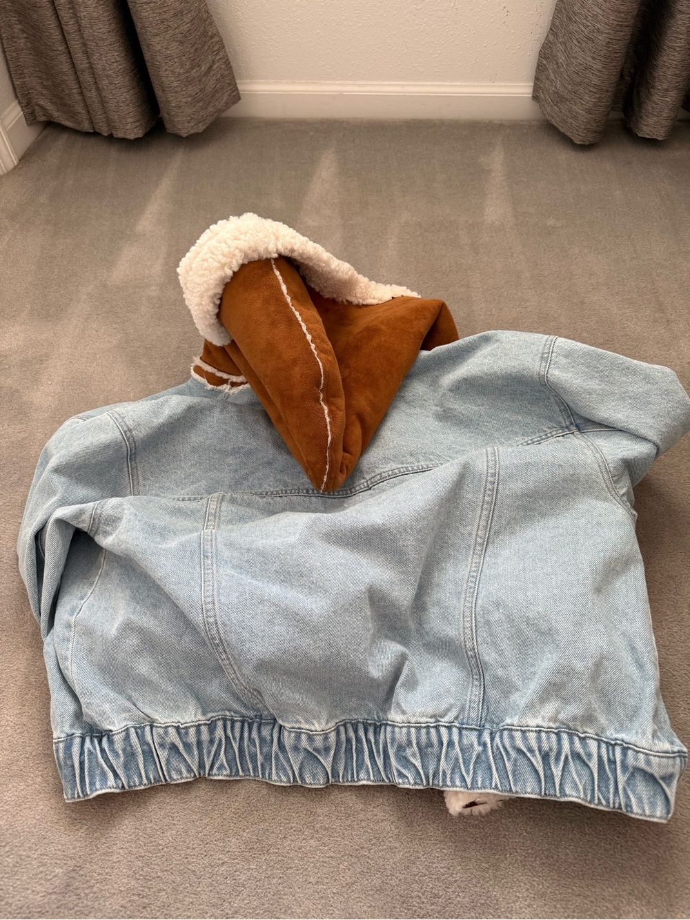 Free People Light Blue Denim Jacket with Brown Sherpa Hood - Picture 7 of 11